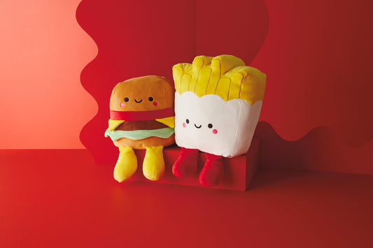 Burger and Fries Magnetic Plush (Extra Large) – Better Together in bright colours, featuring soft cheeseburger and fries characters on a red background.