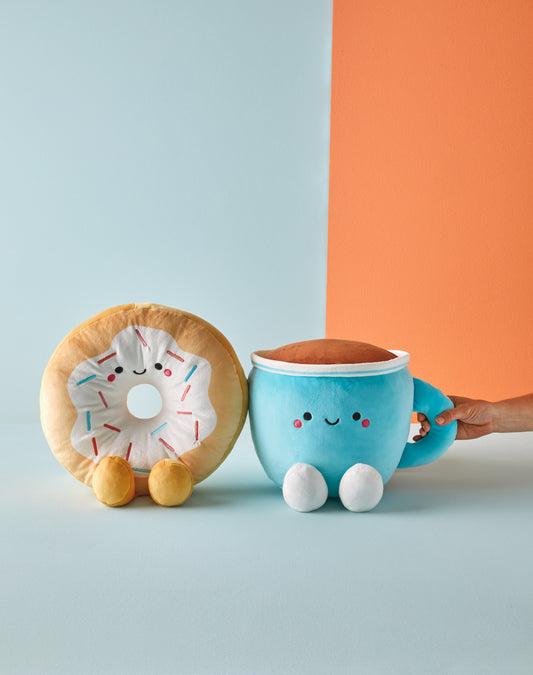 Donut and Coffee Magnetic Plush Pair (Extra Large) - Better Together in soft fabric with cute expressions and vibrant colours, angled view.