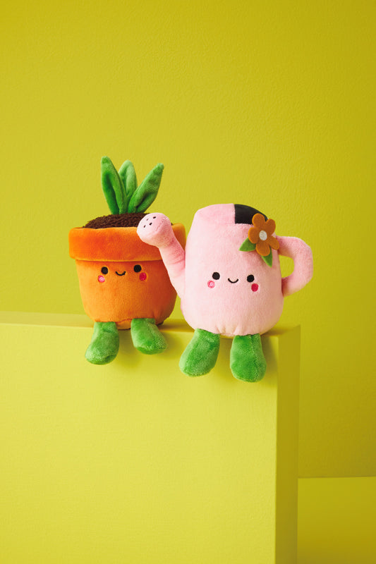 Better Together Watering Can and Plant Magnetic Plush Pair, 4.5" in orange and pink, featuring cute smiling details on a bright background.