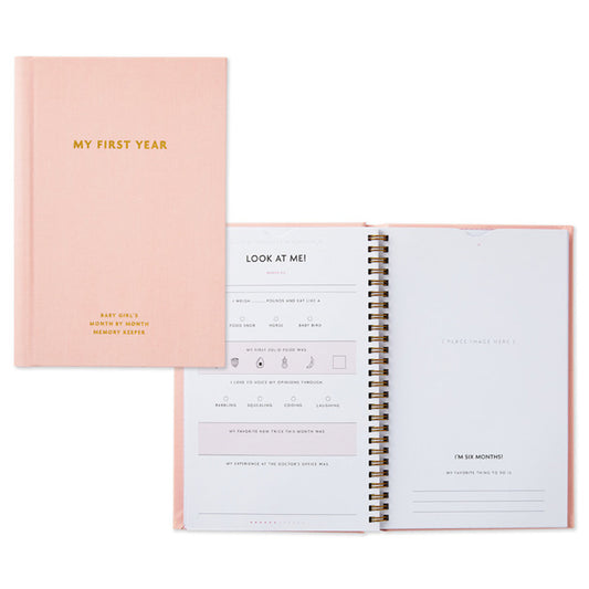 My First Year Baby Book - Pink, fabric cover, spiral binding, showing prompt details and layout for memory keeping.