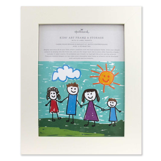Kids' Art Picture Frame Box, 11.5''x14'', white wood frame displaying a colourful child's drawing of a family.