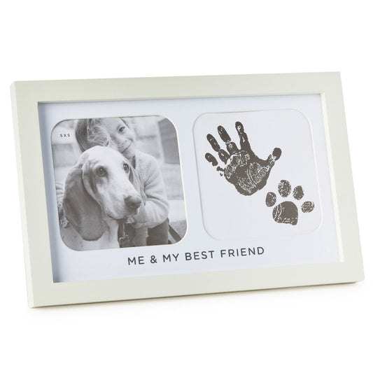 Me & My Best Friend Handprint Picture Frame, white wooden design, featuring a photo opening and handprint on display, 5x5 size.