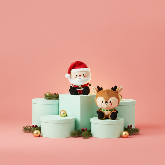 Better Together Santa and Reindeer Magnetic Plush Pair, 5.75", displayed on white gift boxes with festive greenery and ornaments.