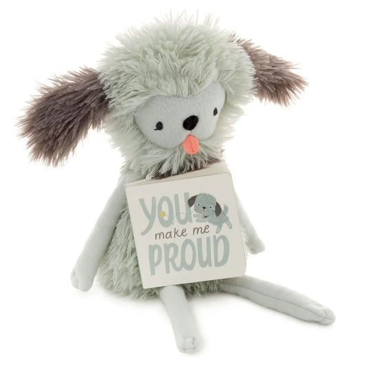 MopTops Lion Plush- You Make Me Proud, soft grey shaggy dog stuffed animal with fun hair, holding a book in a seated position.