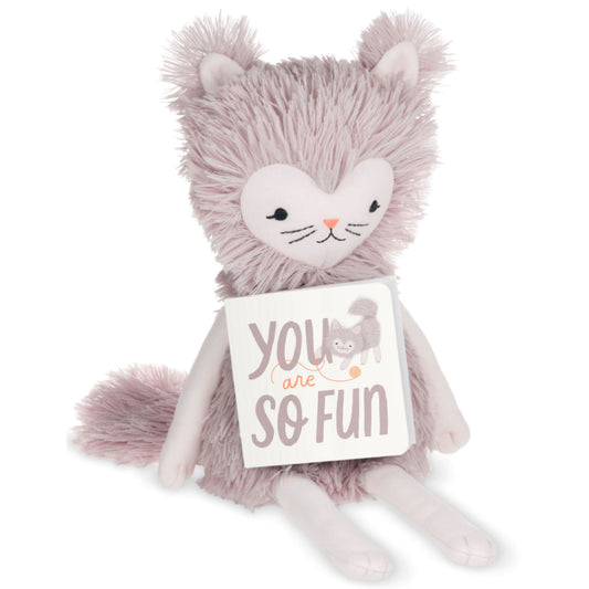 MopTops Furry Cat - You Are Fun plush toy in light purple with fluffy mane, holding a 'You Are So Fun' book.