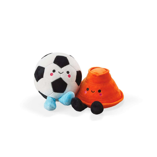 Better Together Soccer Ball and Orange Cone Magnetic Plush Pair, 5" H, featuring cute design, close-up view of plush toys.