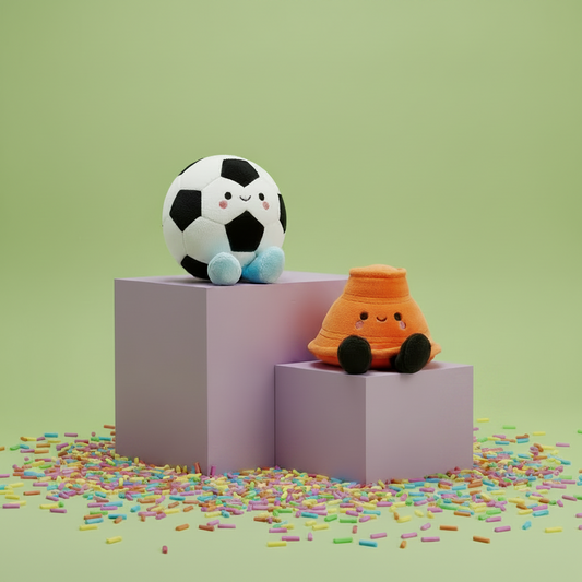 Better Together Soccer Ball and Orange Cone Magnetic Plush Pair, 5" H displayed on pastel blocks with colourful sprinkles.