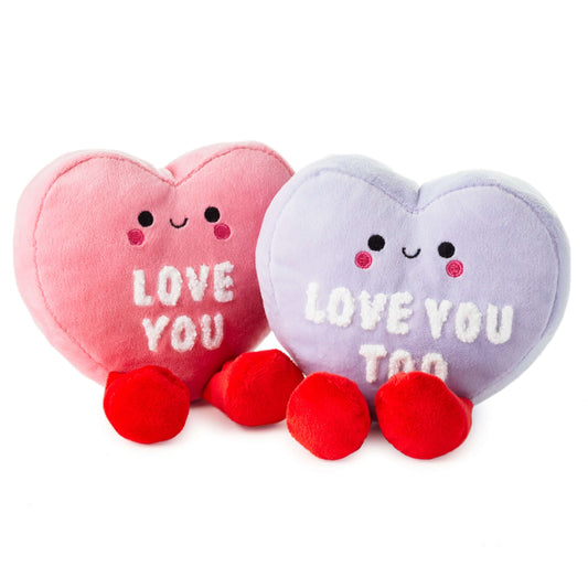 Better Together Conversation Hearts Magnetic Plush, 4.75", pink and purple plush with expressive faces and embroidered messages, front view.