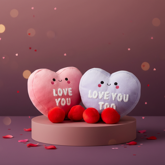 Better Together Conversation Hearts Magnetic Plush, 4.75" in pink and purple, showcasing embroidered messages on a pink display platform.
