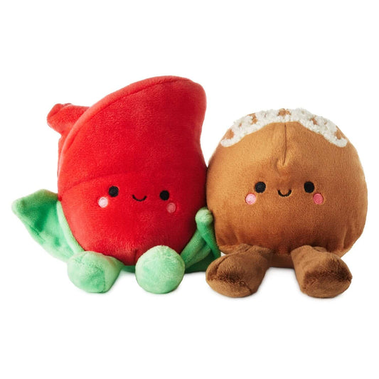 Better Together Rose and Truffle Magnetic Plush Pair, 5.25" in cute design with red rosebud and chocolate truffle, close up view.
