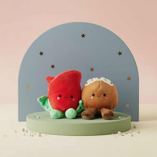 Better Together Rose and Truffle Magnetic Plush Pair, 5.25" in vibrant red and brown, displayed on a green podium with gold stars.