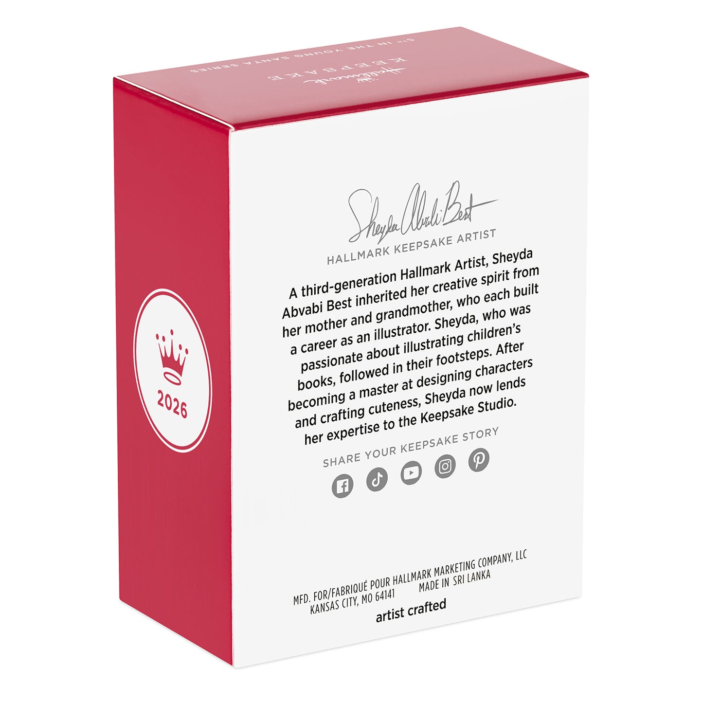 2026 Hallmark Keepsake Christmas Ornament packaging with artist details and logo, featuring Sheyda Abvabi Best's biography.