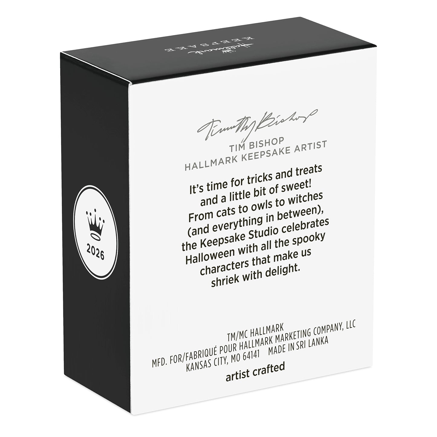 The Peanuts Gang Scarecrow Snoopy — 2026 Hallmark Keepsake 1.25" Mini Halloween Ornament box design featuring Tim Bishop's signature and description.
