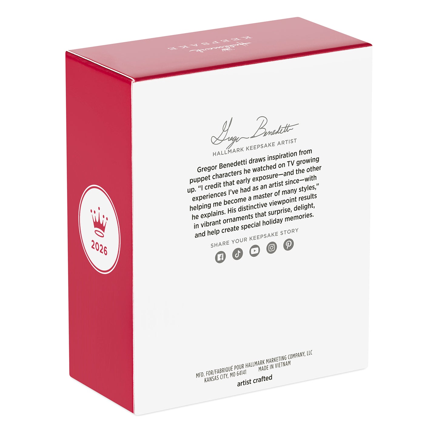 They're playing our song — 2026 Hallmark Keepsake Christmas Ornament box back view, featuring artist details and red packaging.