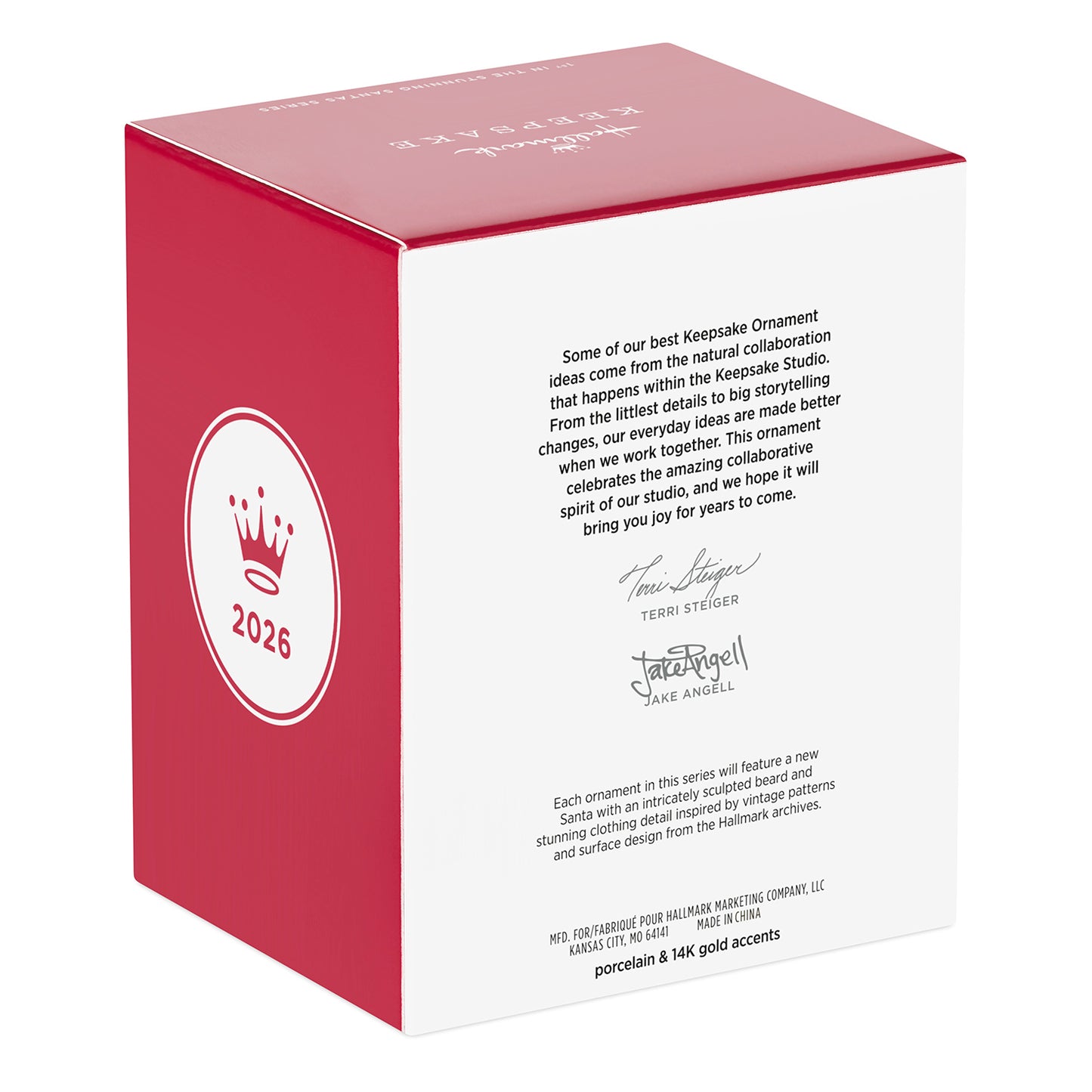 Stunning Santas, Porcelain, 1st in the Series — 2026 Hallmark Keepsake Christmas Ornament box design with detailed information.