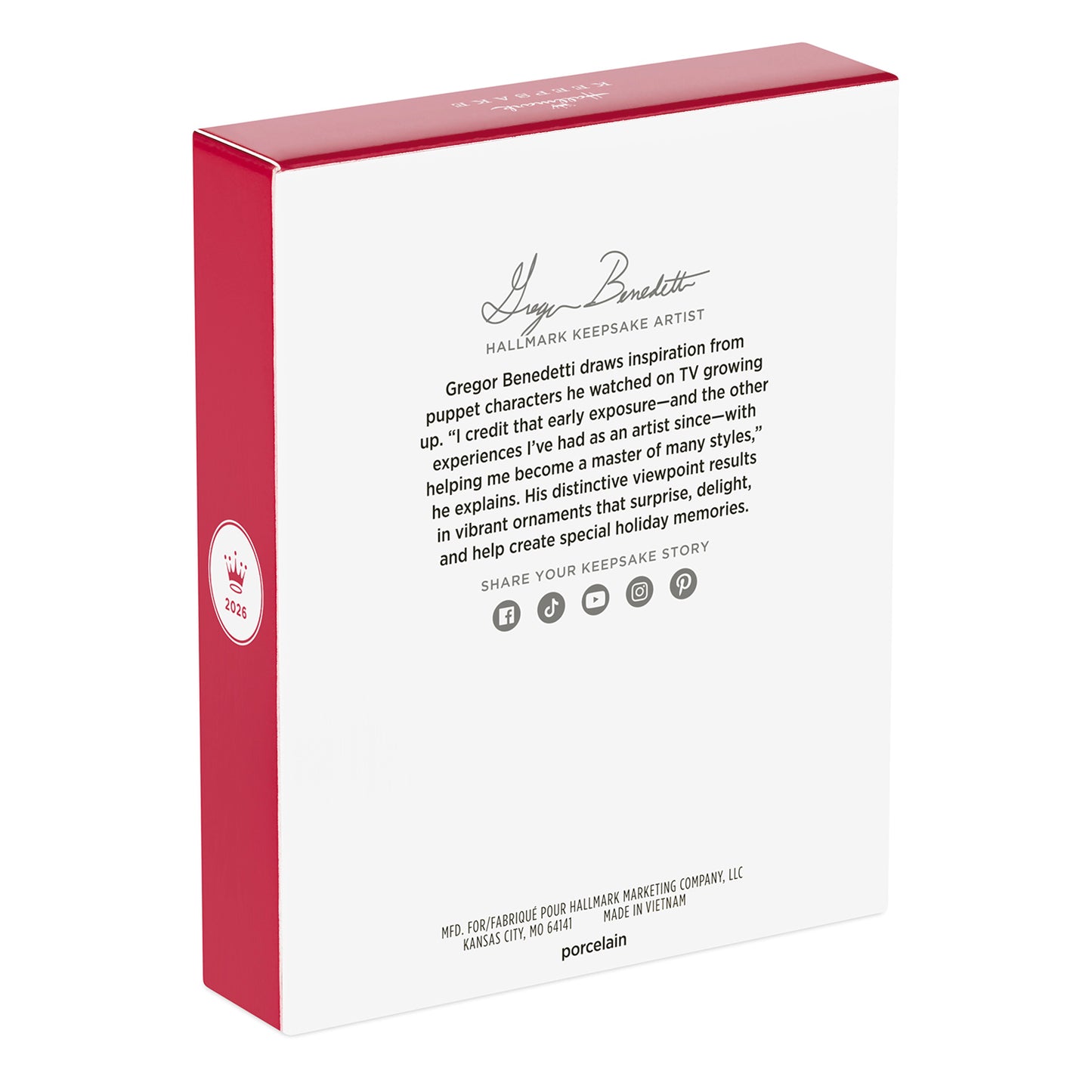 Snowflake 2026, Porcelain — 2026 Hallmark Keepsake Christmas Ornament packaging, featuring artist information and year-dated charm details.