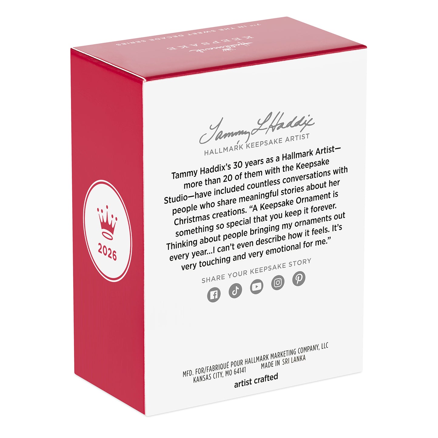Sweet Decade 2026, 7th in the Series — 2026 Hallmark Keepsake Christmas Ornament gift box featuring artist Tammy Haddix's bio.