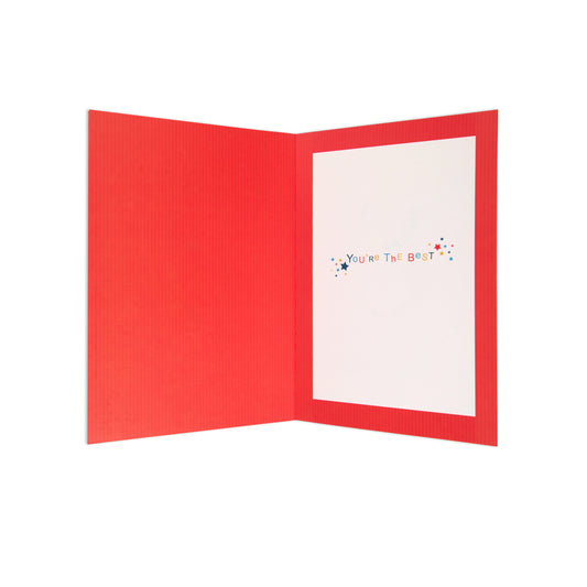 An open red greeting card with a white inner page that reads 'You're The Best' in small multicolored letters, shown on a plain white background.