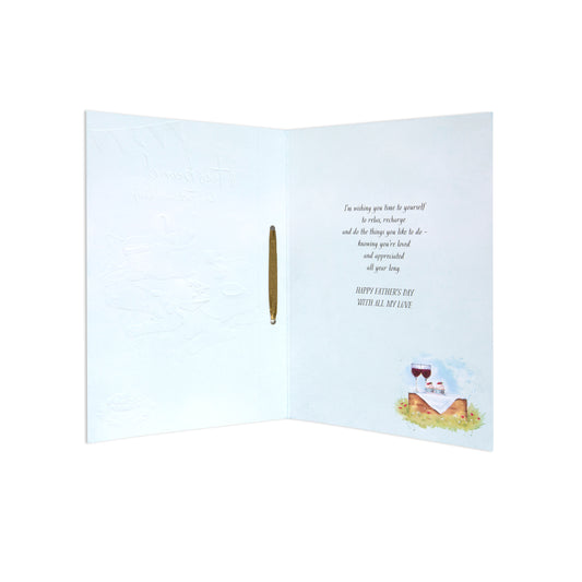 Fcc Male Husband Picnic Lo greeting card interior with heartfelt message and illustration of wine and picnic.