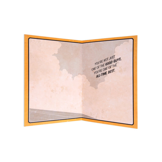 Fcc Gen Male Marvel greeting card featuring inspirational message inside, showing a pastel sky design and orange border.