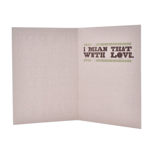 Hallmark Father's Day Card - Few Words, Many Farts, inside message with textured background and colourful text, flat lay angle