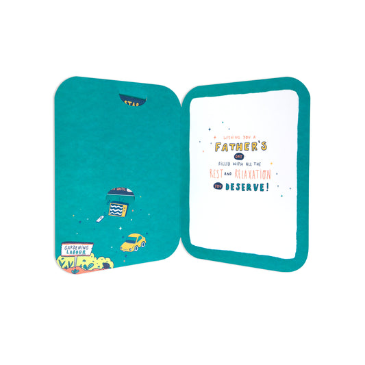 An open Father's Day greeting card with a teal border. The left side features a colorful illustration of a coffee cup, a small yellow car, and a sign reading 'FATHER'S DAY'.