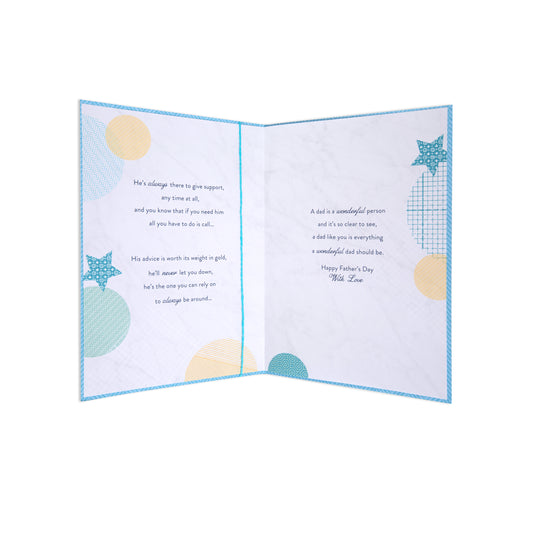 An open three-panel Father's Day card with a white crumpled-paper style background and light blue stitched borders. The left panel has a blue star and pastel yellow and blue circles, with a short message on the right panel.
