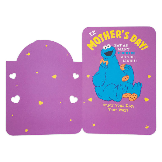 Hallmark Sesame Street Mother's Day Card - Cookie Monster featuring Cookie Monster illustration and cheerful purple design, open view.