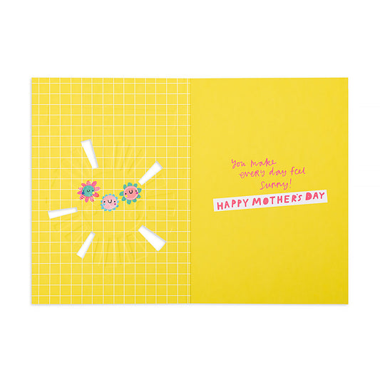 Hallmark Mother's Day Card - From Your Very Lucky Grandchildren, open view showcasing bright yellow design and cheerful illustrations.