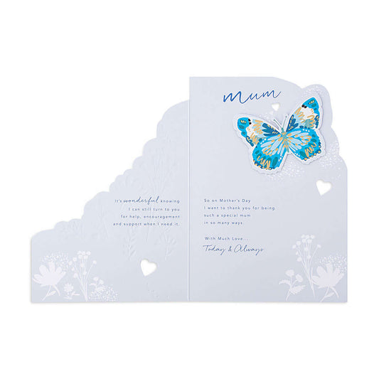 Hallmark Mother's Day Card - Elegant Floral and Butterfly Cut-Out featuring embossed details, light blue colour and butterfly cut-out design.