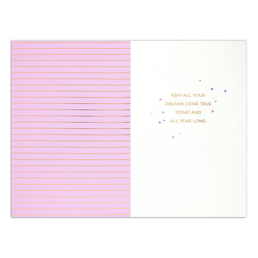 Hallmark Signature Birthday Card For Daughter - Magical Unicorn, inside view with pink striped design and golden text.