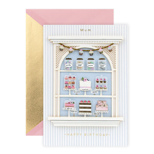 Hallmark Signature Birthday Card For Mum - Simply Sweet featuring a bakery window illustration with 3D details and gold foil accents