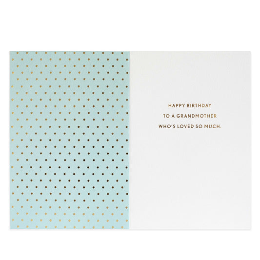 Hallmark Signature Birthday Card For Grandmother - Loved So Much, open view, soft blue with gold dots and heartfelt message inside.