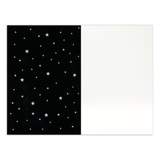 Hallmark Signature Greeting Card - Moon & Back (For Husband) featuring a sleek black velvet background with silver stars, flat lay view.