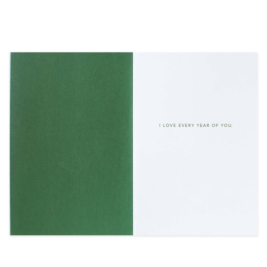 Hallmark Signature Birthday Card For Dad - Love You interior with green and white pages featuring the message "I love every year of you".