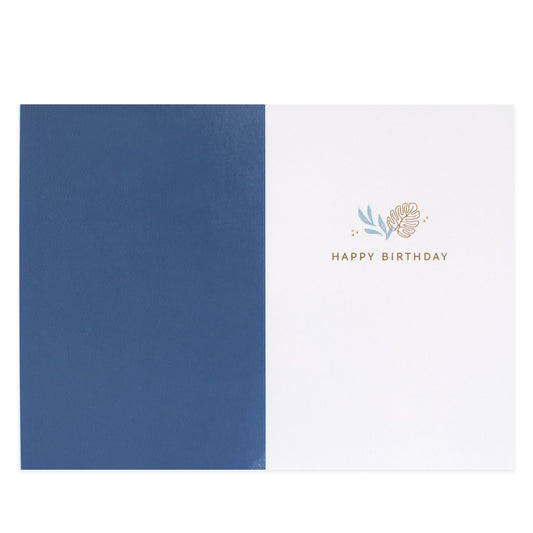 Hallmark Signature Birthday Card For Grandad - You're Loved, open view featuring navy blue and white design with gold foil text and plant illustration.