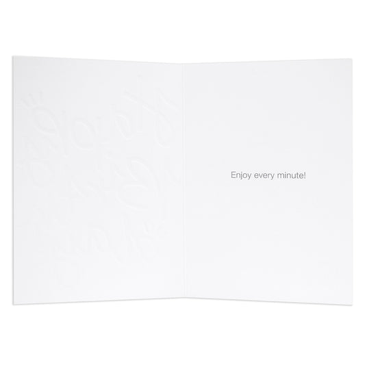 Halcyon by Hallmark Birthday Card – Colorful Typography, open view showing embossed design and inside message: Enjoy every minute!
