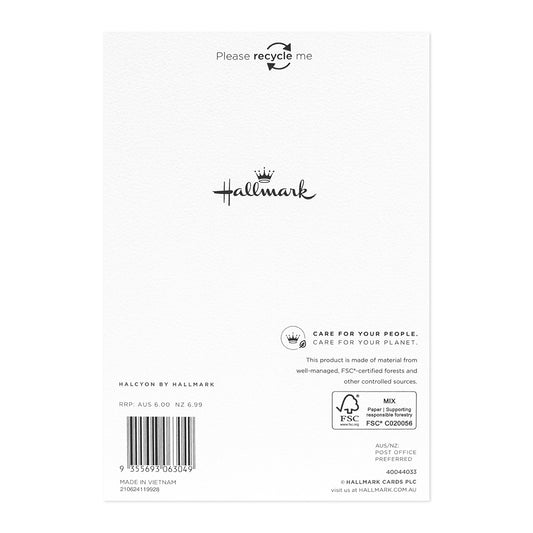 Halcyon by Hallmark Birthday Card – Handwritten Style back view with recycle message, embossed logo, and product details.