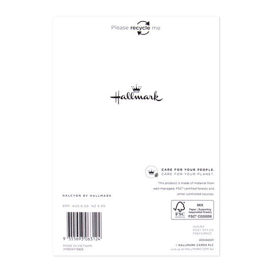 Halcyon by Hallmark Thank You Card – Colorful Thank You back design showing logo, care instructions, and recycled material details.