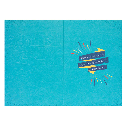 Hallmark Father's Day Card - For Happiness, interior view with colourful design elements and warm message in blue and yellow.