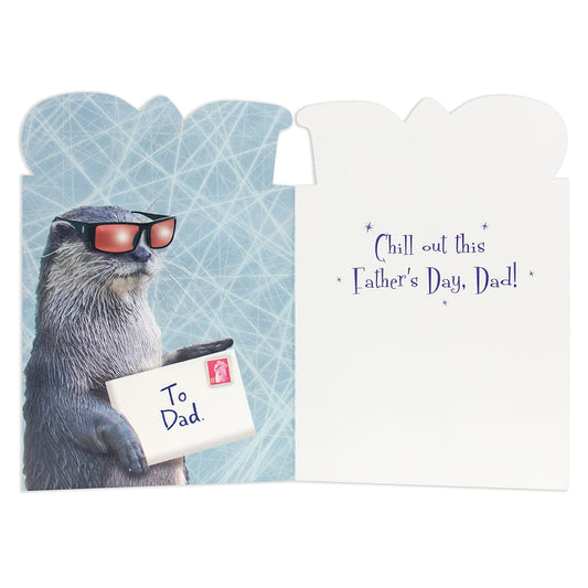 Hallmark Father's Day Card - Dad, you're otterly cool with otter in sunglasses and inside message, flat lay view.