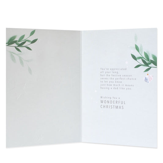 Hallmark Christmas Card For Dad - Heartfelt Thank You, opened view showing heartfelt message and subtle green leaf design inside.