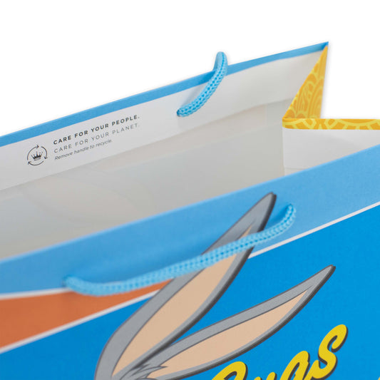 Hallmark Large Gift Bag - Looney Tunes Bugs Bunny, interior view showcasing pale blue cord handles and vibrant character design.