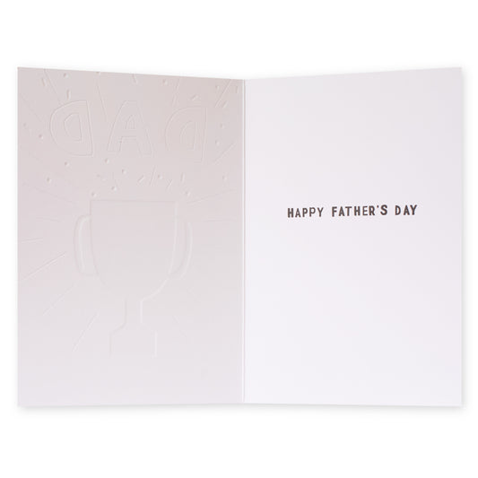 Hallmark Father's Day Card - The Greatest! opened view showcasing embossed trophy and message inside, Australia.