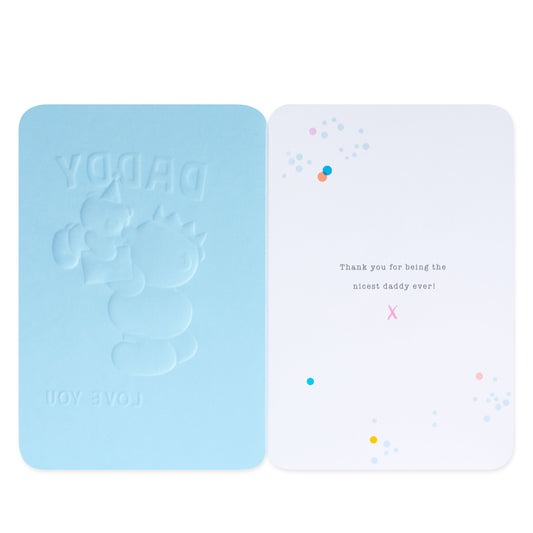 Hallmark Forever Friends Birthday Card for Daddy - Love You, embossed blue front, inside with colourful spots and message for Father's Day.