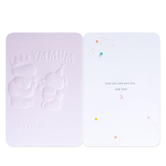 Hallmark Forever Friends birthday card for Mummy - Big Cuddles, showing embossed front and interior message, flat lay view.