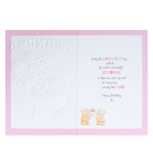 Hallmark Forever Friends Birthday Card for Grandma - Lots of Love, open view featuring embossed details and pink borders with bear illustration.