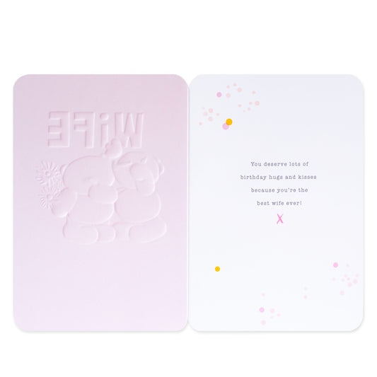 Hallmark Forever Friends birthday card for wife - best wife ever, pink exterior with embossed design, opened to reveal heartfelt message and colourful dots.