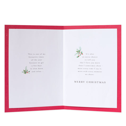 Hallmark Christmas card for wife - Every Happy Moment with red interior, heartfelt message and holly illustrations.