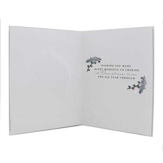 Hallmark Christmas card for Mum with detachable ornament - Happy Moments, interior view featuring festive message and elegant illustrations.